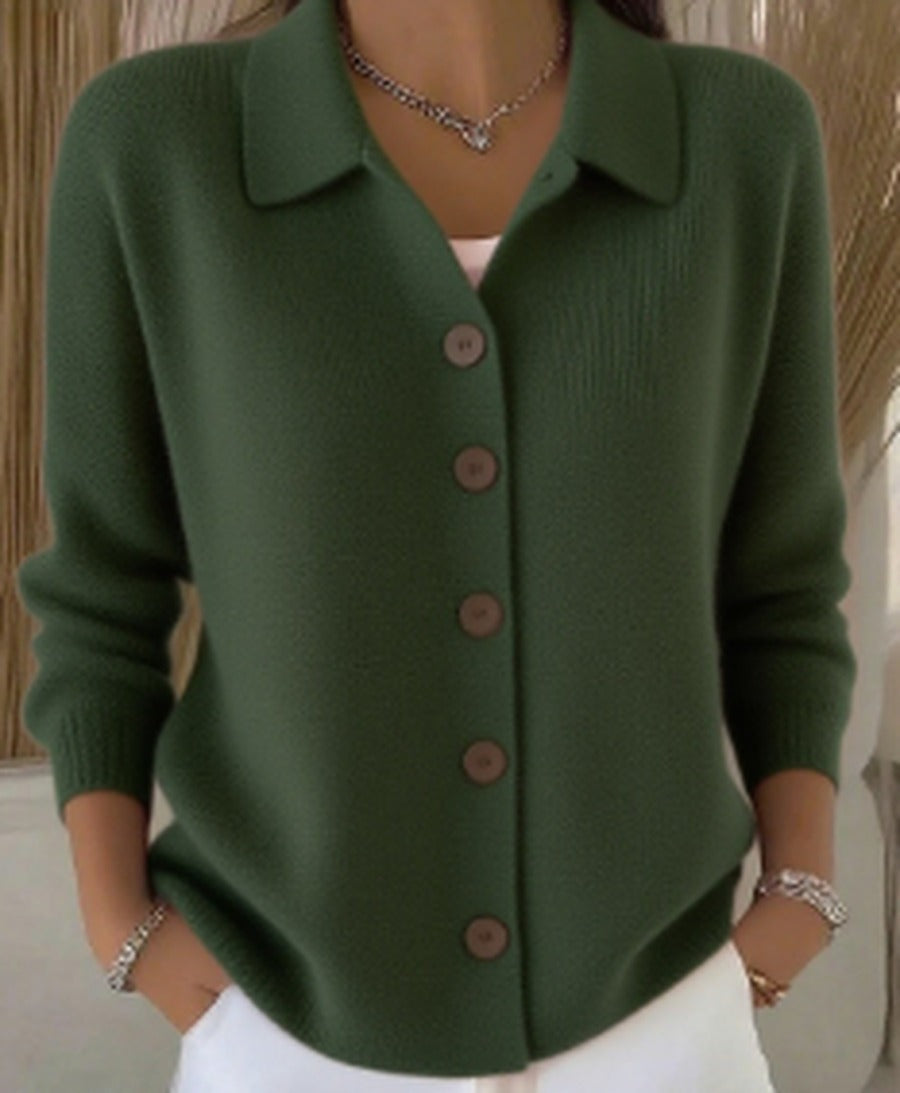 Women's Button-Front Cardigan with Structured Collar – Dark Green