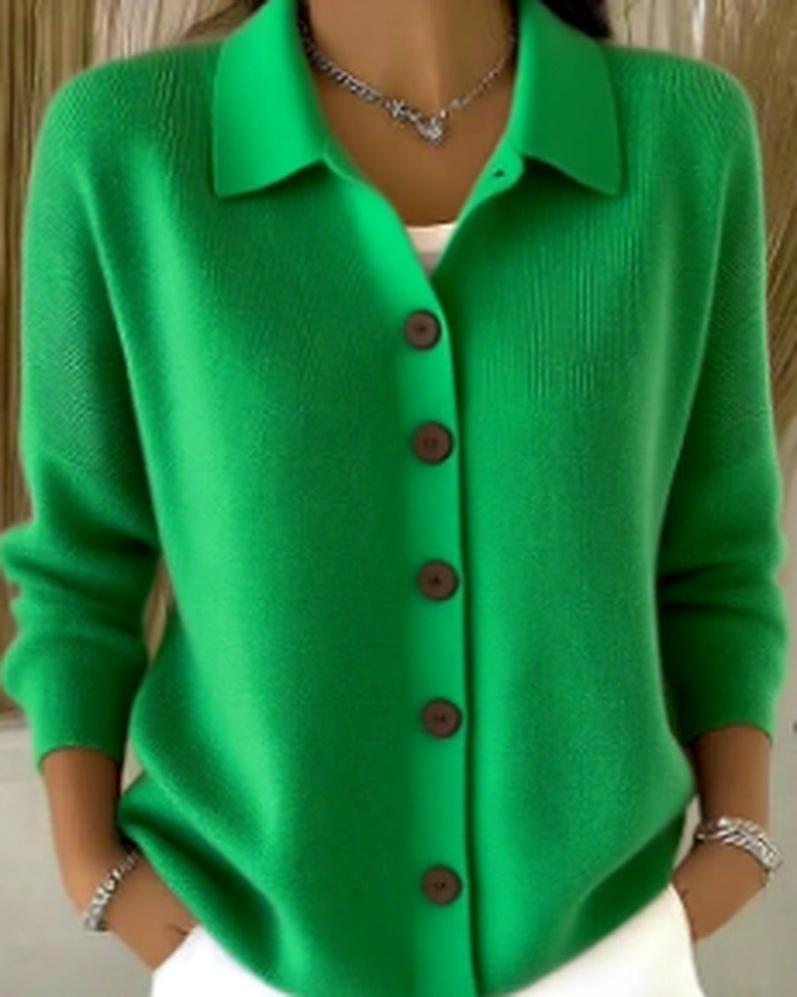 Women's Button-Front Cardigan with Structured Collar – Green