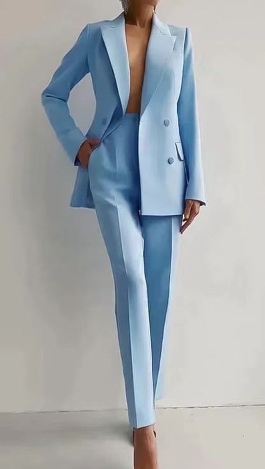 Women's Peaked Lapel Double-Breasted Blazer Trouser Suit – Light Blue