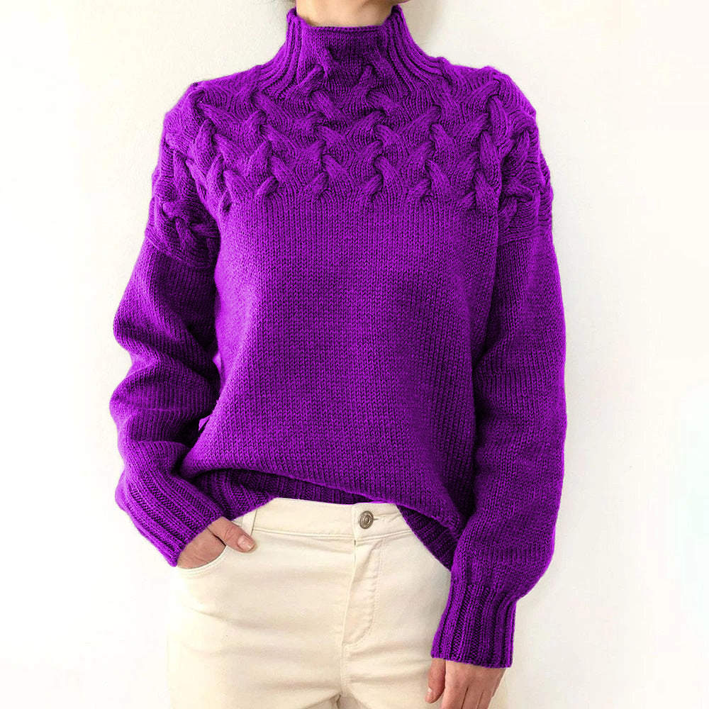 Women's Braided Yoke Roll-Neck Jumper with Ribbed Trims
