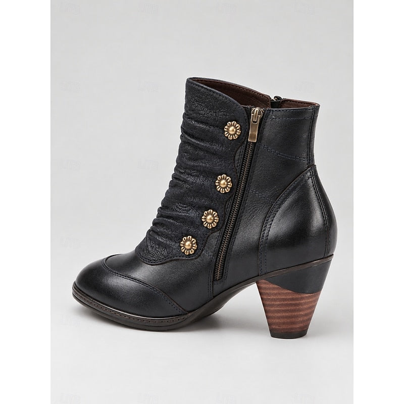 Women's Black Ankle Boots with Floral Buttons and Soft Ruching