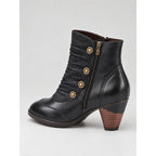 Women's Black Ankle Boots with Floral Buttons and Soft Ruching