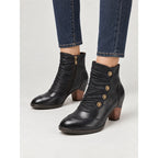Women's Black Ankle Boots with Floral Buttons and Soft Ruching