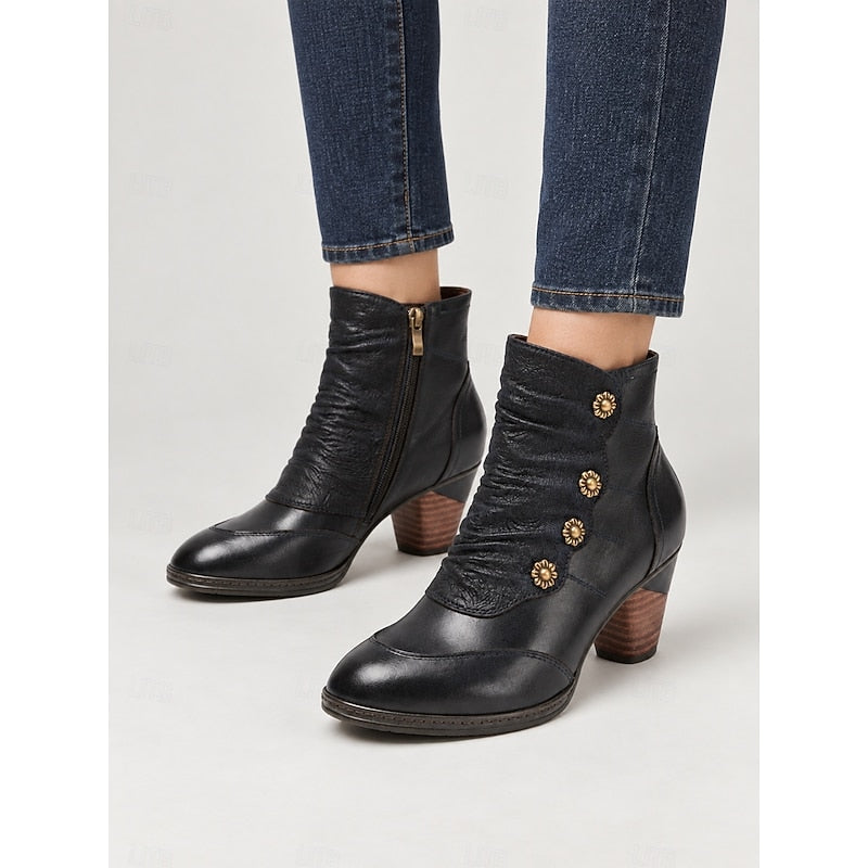 Women's Black Ankle Boots with Floral Buttons and Soft Ruching