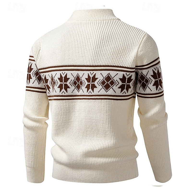 Women's Ribbed Knit Stand Collar Fair Isle Zip Cardigan
