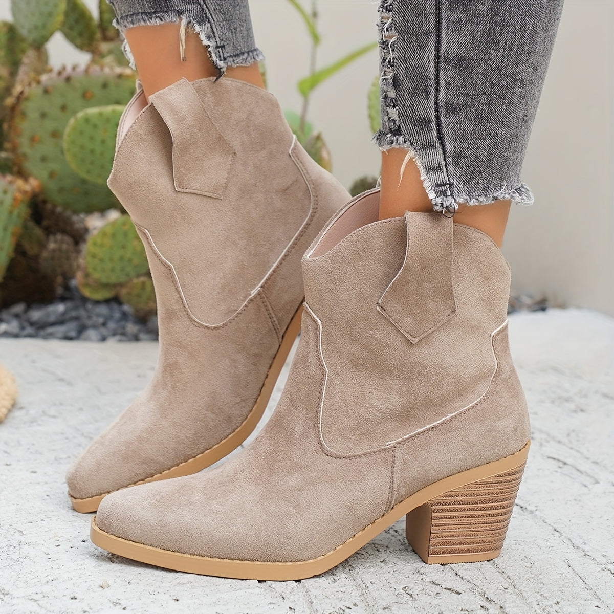 Women's Pull-On Western Chelsea Boots with Yoke Stitching – Beige