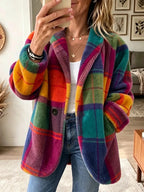 Women's Mid-Hip Colourful Check Button Blazer - Rainbow