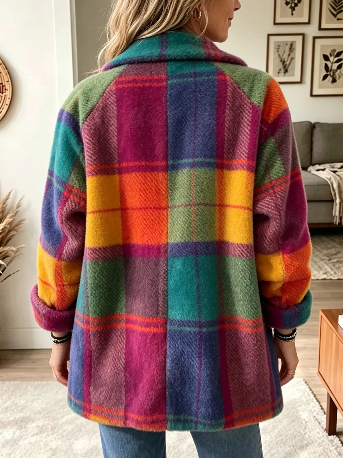 Women's Mid-Hip Colourful Check Button Blazer