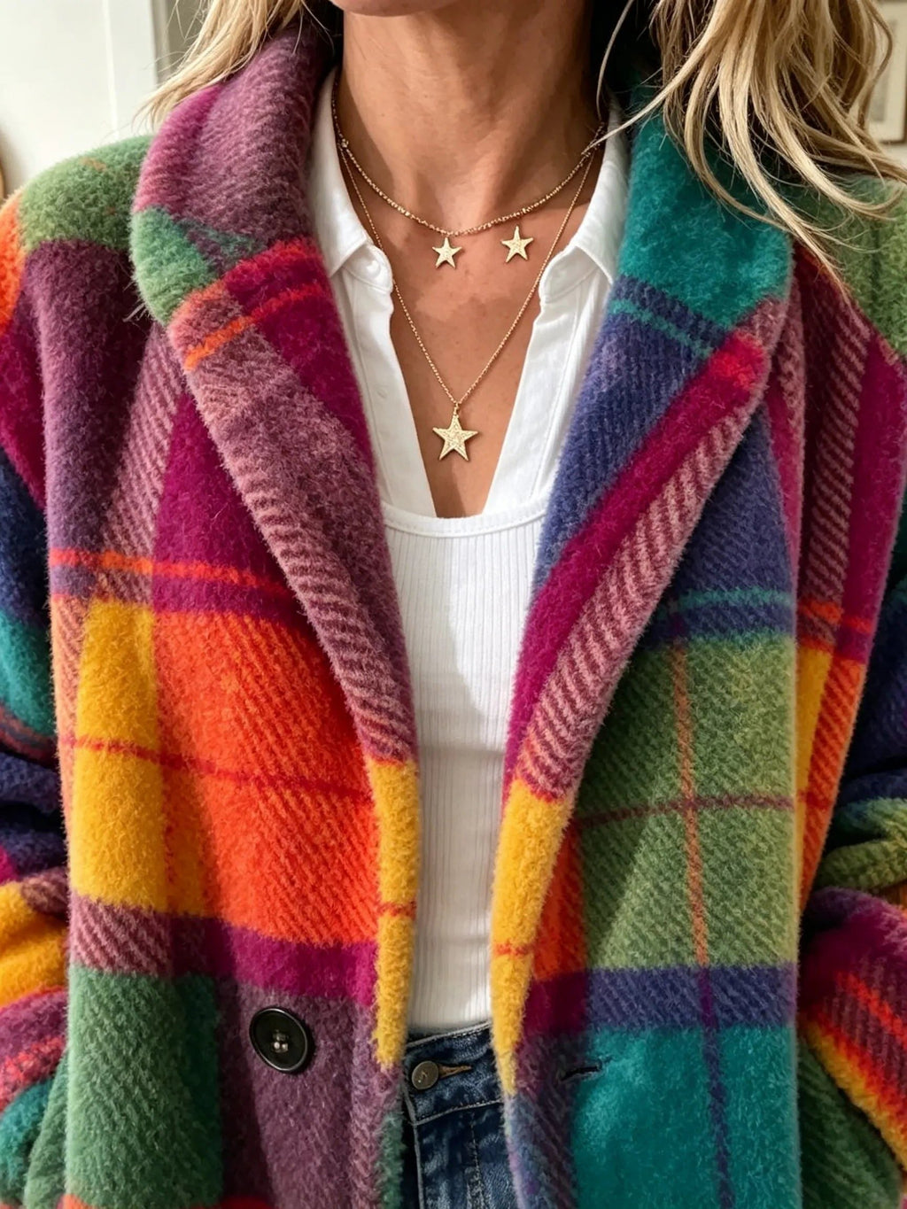 Women's Mid-Hip Colourful Check Button Blazer