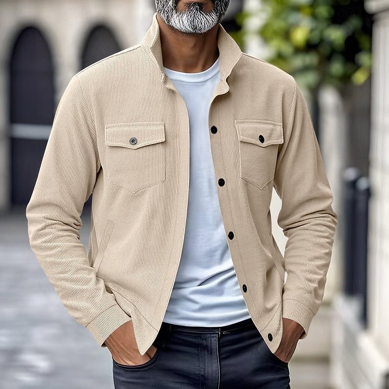 Men's Button-Up Ribbed Shacket with Twin Chest Pockets - Cream