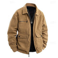 Men's Cord Zip-Front Overshirt Jacket with Flap Pockets - Khaki