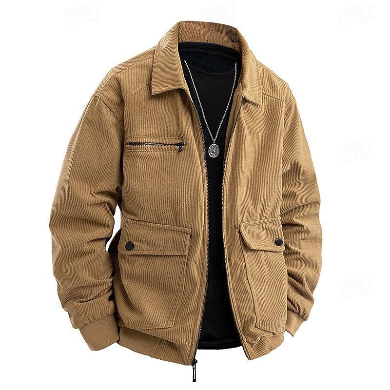 Men's Cord Zip-Front Overshirt Jacket with Flap Pockets - Khaki