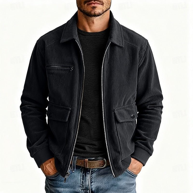 Men's Cord Zip-Front Overshirt Jacket with Flap Pockets