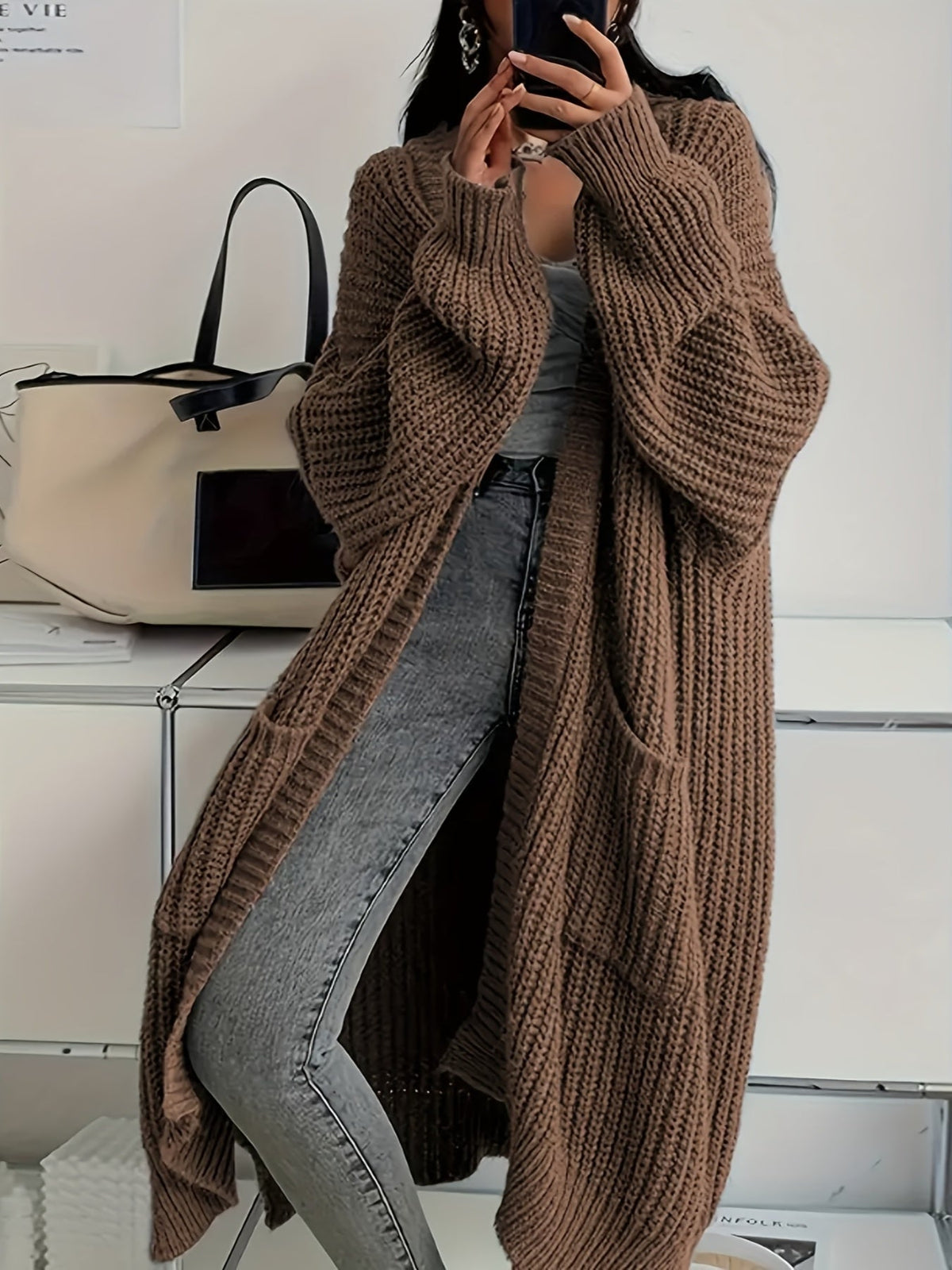 Women's Longline Oversized Chunky Ribbed Cardigan – Brown