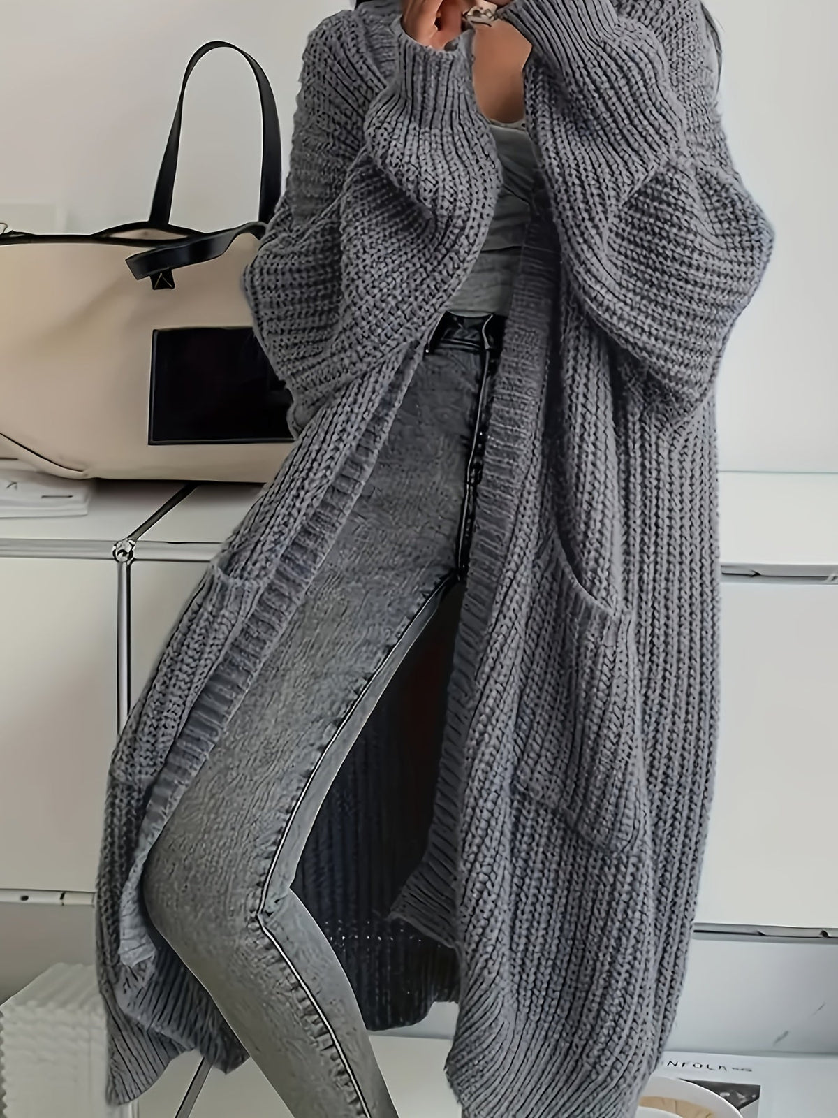 Women's Longline Oversized Chunky Ribbed Cardigan – Light Grey