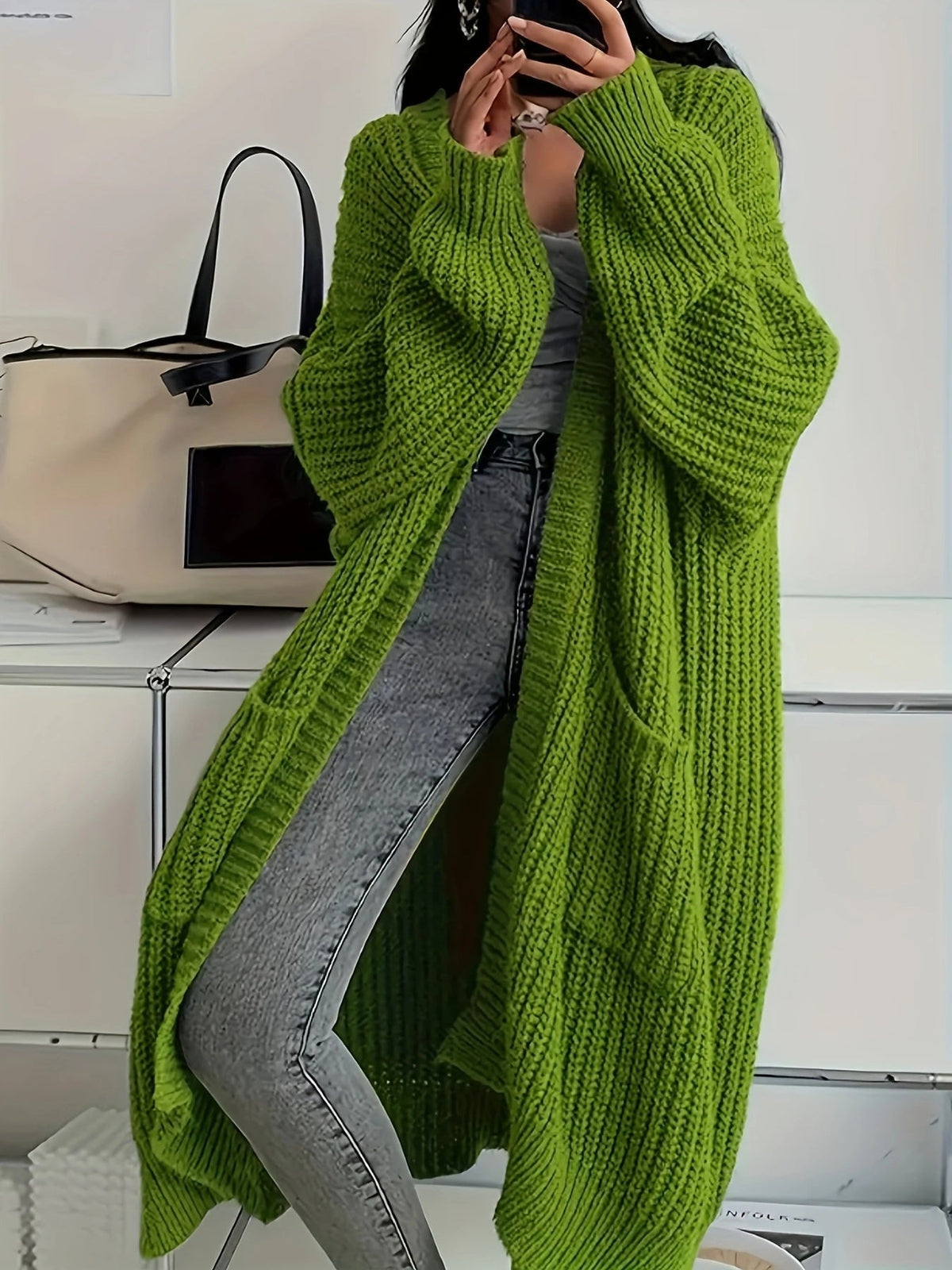Women's Longline Oversized Chunky Ribbed Cardigan – Army Green