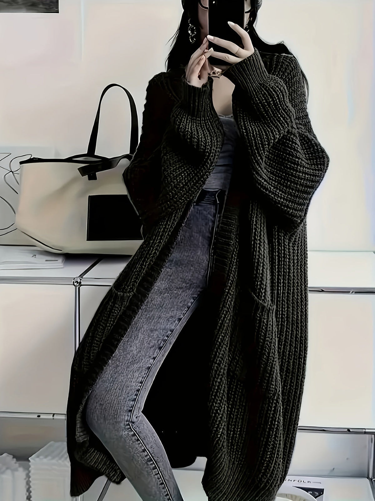 Women's Longline Oversized Chunky Ribbed Cardigan – Black