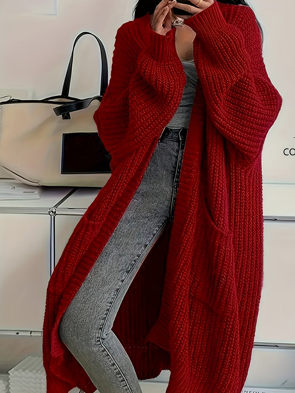 Women's Longline Oversized Chunky Ribbed Cardigan – Red