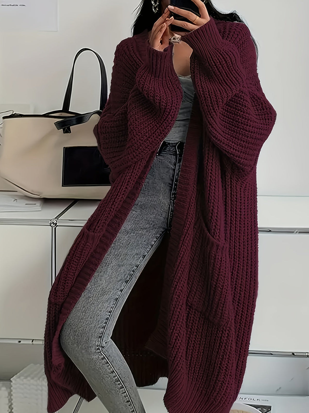 Women's Longline Oversized Chunky Ribbed Cardigan – Crimson Red