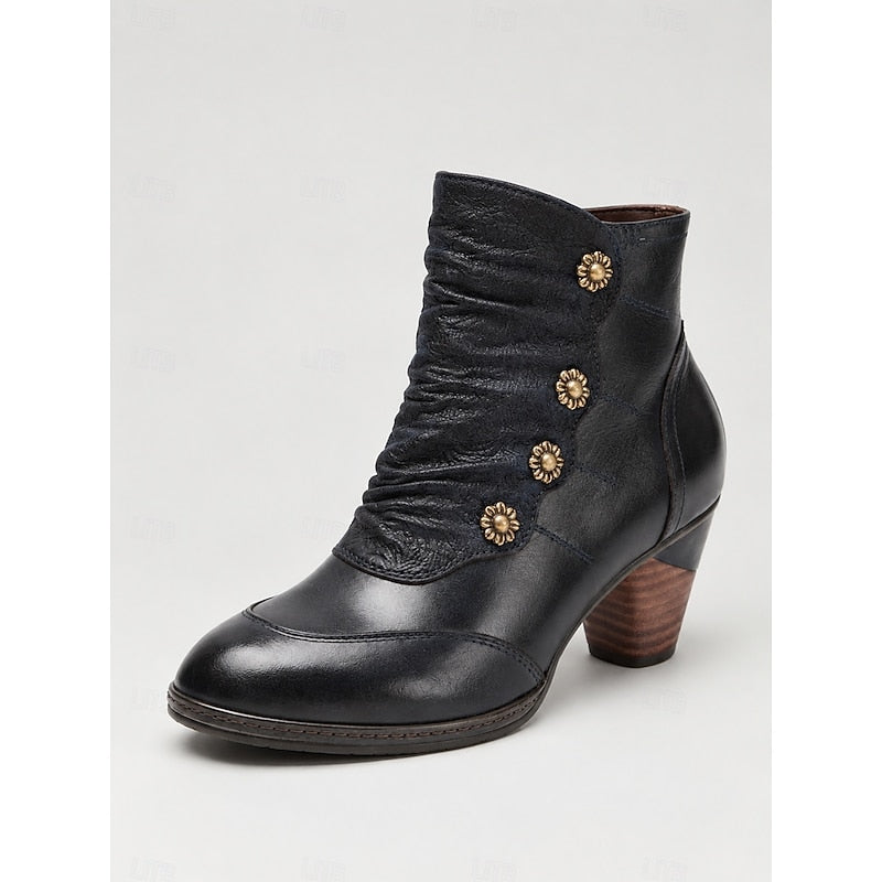 Women's Black Ankle Boots with Floral Buttons and Soft Ruching
