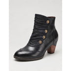 Women's Black Ankle Boots with Floral Buttons and Soft Ruching