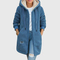 Women's Mid-Thigh Textured Fleece Jacket with Sherpa Hood - Blue