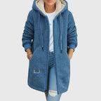 Women's Mid-Thigh Textured Fleece Jacket with Sherpa Hood - Blue