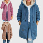 Women's Mid-Thigh Textured Fleece Jacket with Sherpa Hood