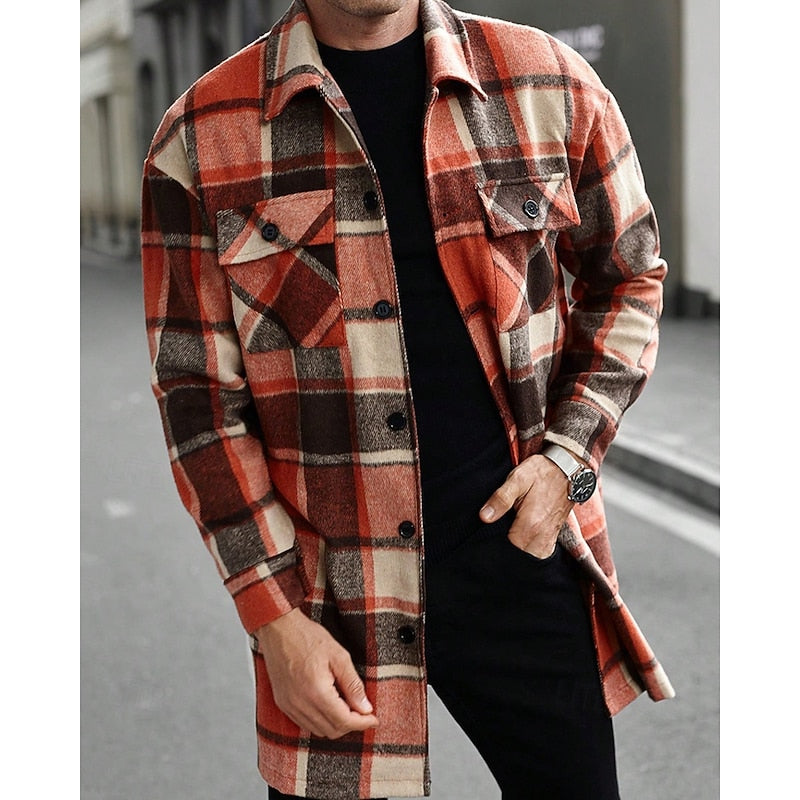 Women's Lapel Collar Check Overshirt with Utility Pockets - Orange