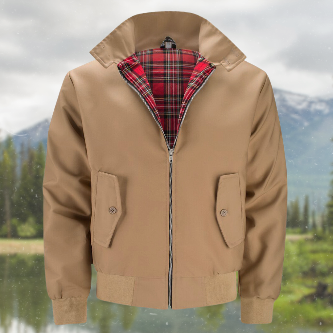Men's Tartan Lined Harrington Jacket Ribbed Cuffs Hem – Brown