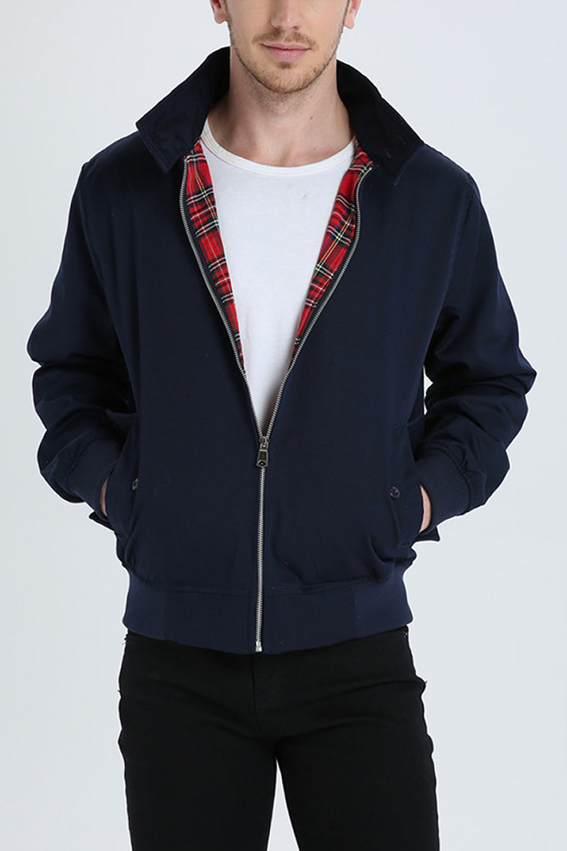 Men's Tartan Lined Harrington Jacket Ribbed Cuffs Hem – Navy Blue