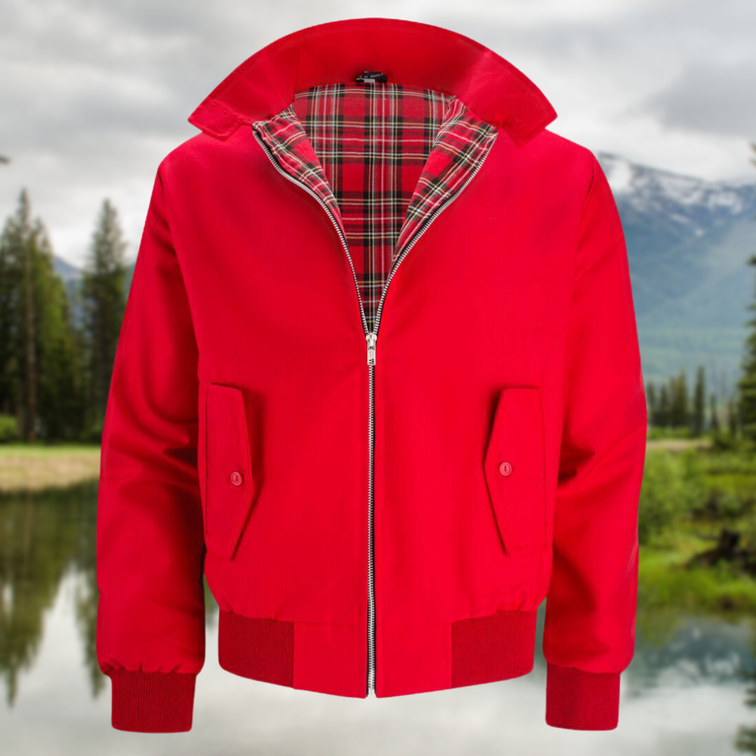 Men's Tartan Lined Harrington Jacket Ribbed Cuffs Hem – Red