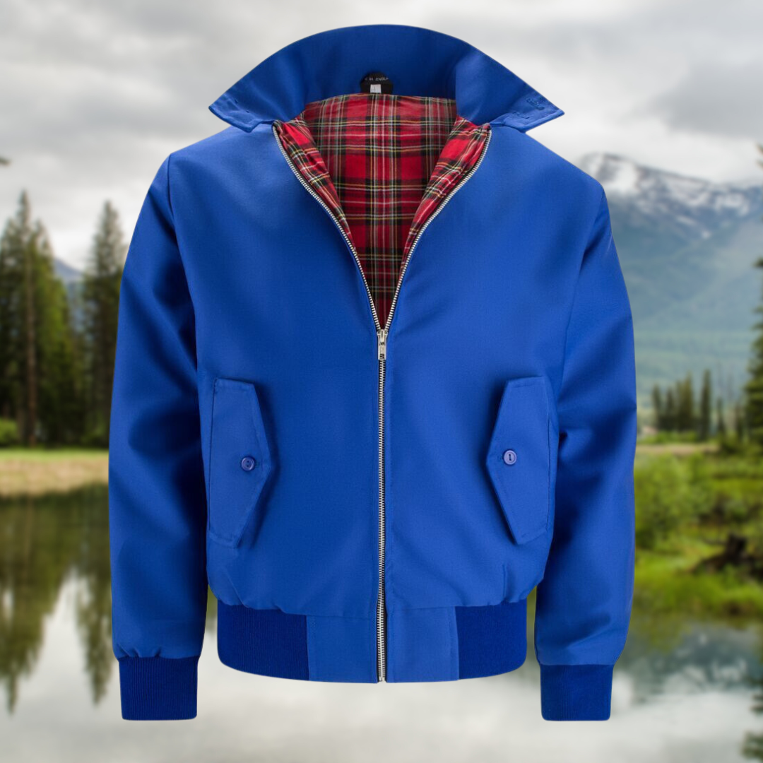 Men's Tartan Lined Harrington Jacket Ribbed Cuffs Hem – Blue