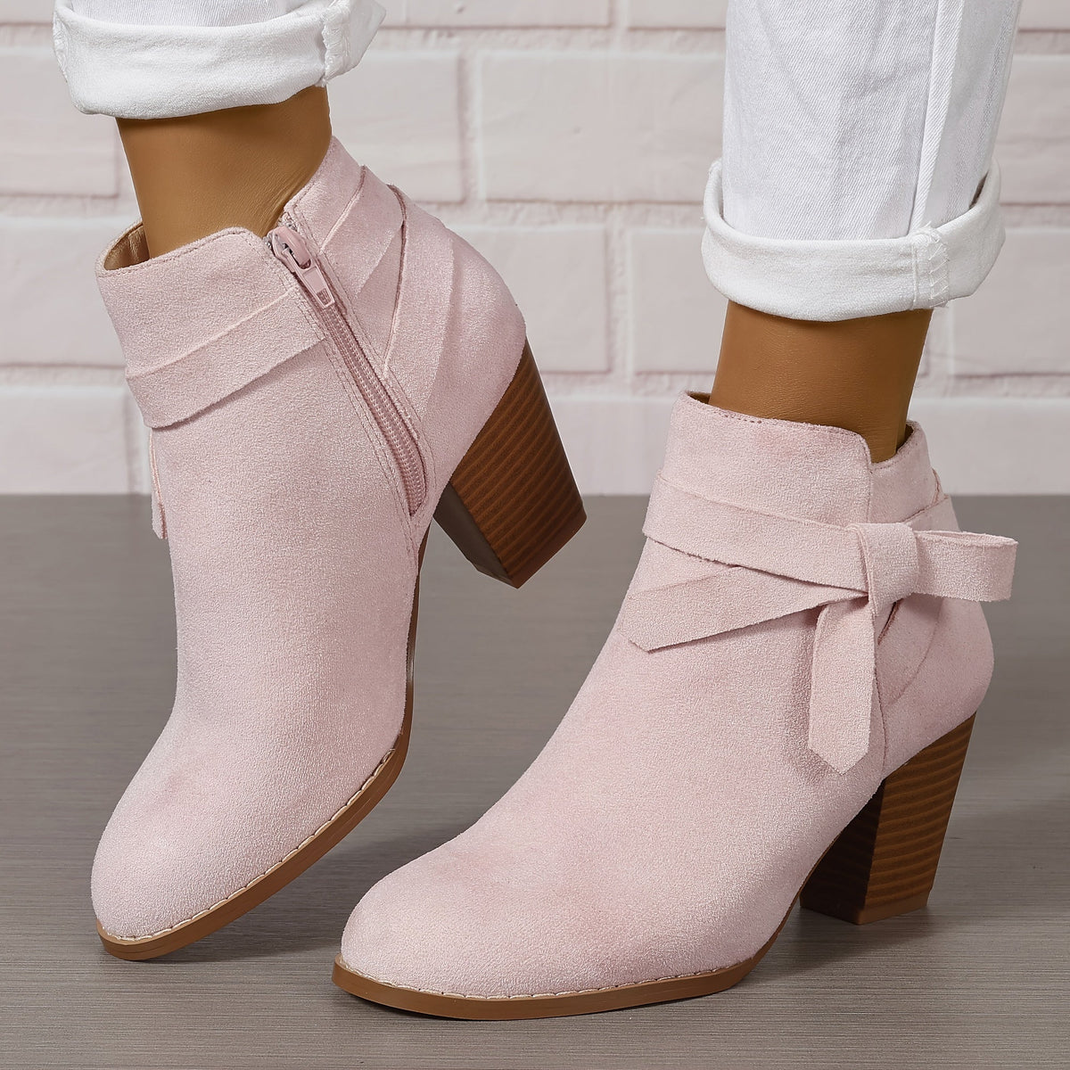 Women's Pointed-Toe Chelsea Boots with Block Heel and Bow – Pink