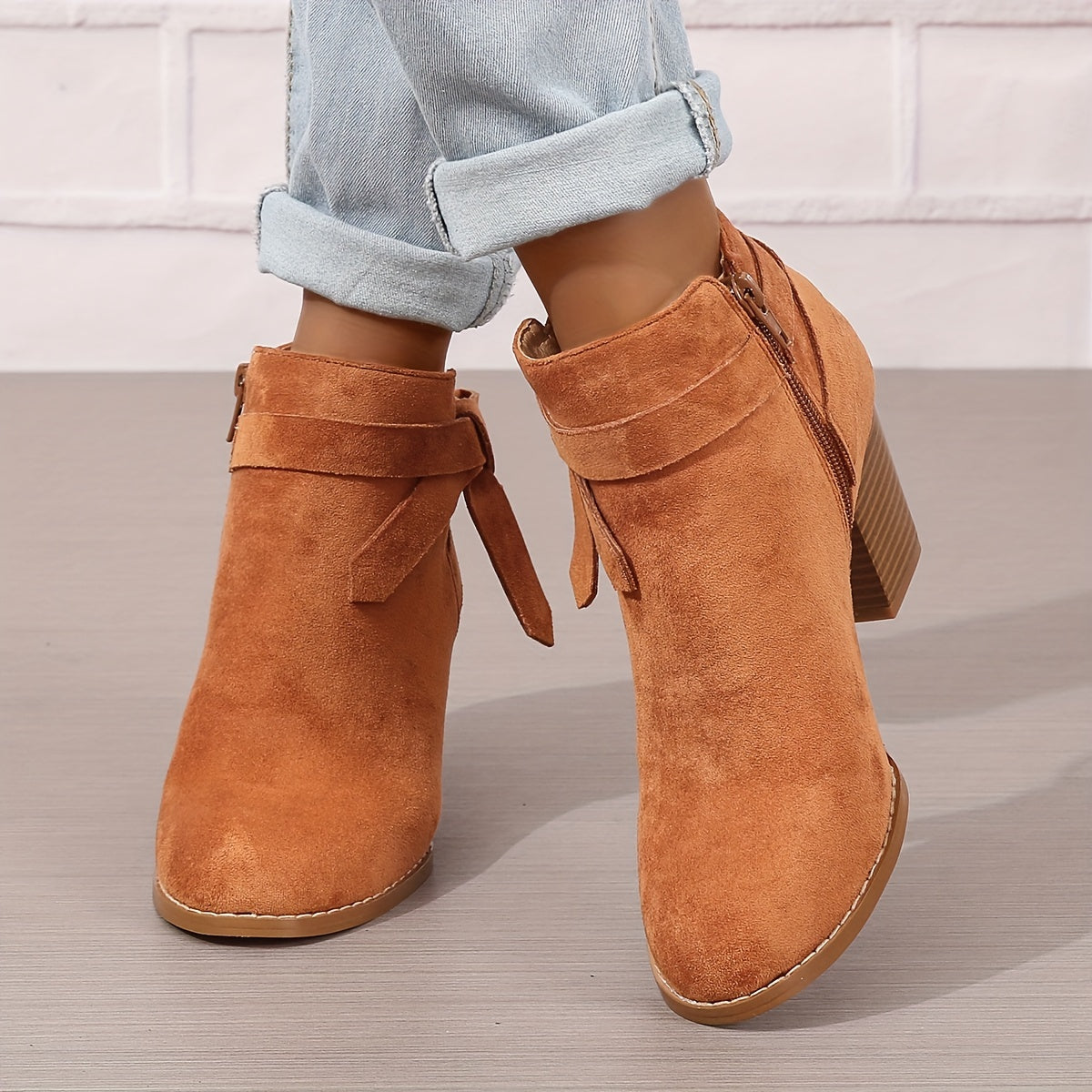 Women's Pointed-Toe Chelsea Boots with Block Heel and Bow – Orange