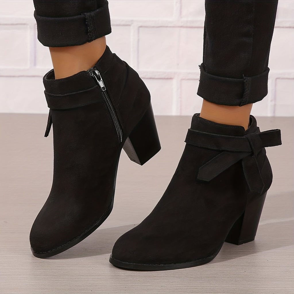 Women's Pointed-Toe Chelsea Boots with Block Heel and Bow