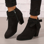 Women's Pointed-Toe Chelsea Boots with Block Heel and Bow