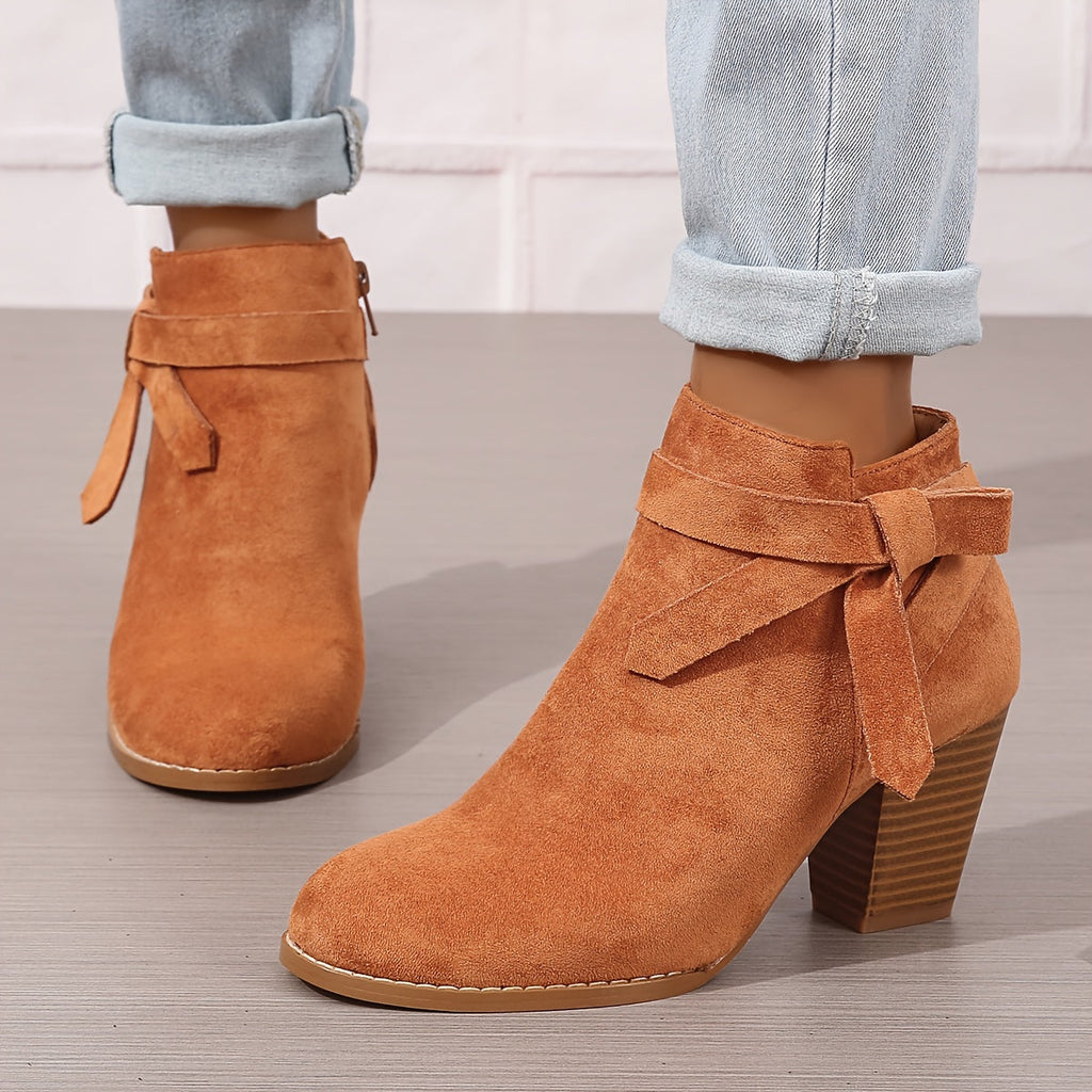 Women's Pointed-Toe Chelsea Boots with Block Heel and Bow