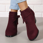 Women's Pointed-Toe Chelsea Boots with Block Heel and Bow – Red