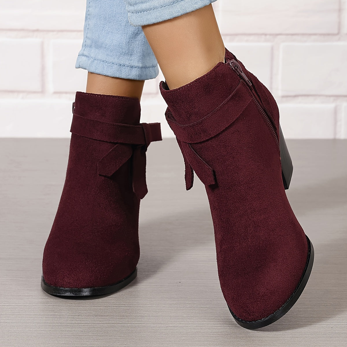 Women's Pointed-Toe Chelsea Boots with Block Heel and Bow – Red