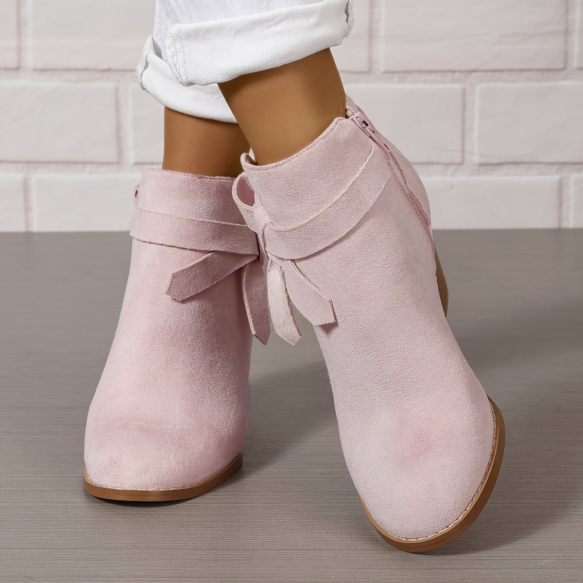 Women's Pointed-Toe Chelsea Boots with Block Heel and Bow