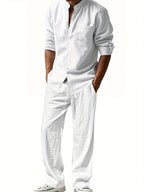 Men's Roll-Sleeve Band Collar Shirt and Wide-Leg Trousers Set – White