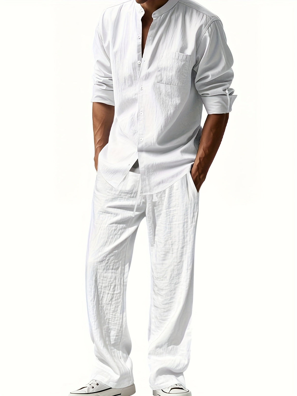 Men's Roll-Sleeve Band Collar Shirt and Wide-Leg Trousers Set – White