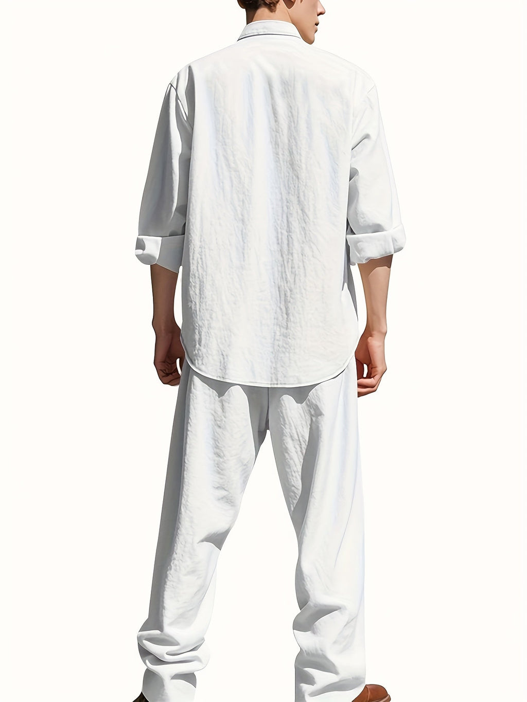 Men's Roll-Sleeve Band Collar Shirt and Wide-Leg Trousers Set