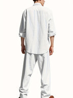 Men's Roll-Sleeve Band Collar Shirt and Wide-Leg Trousers Set
