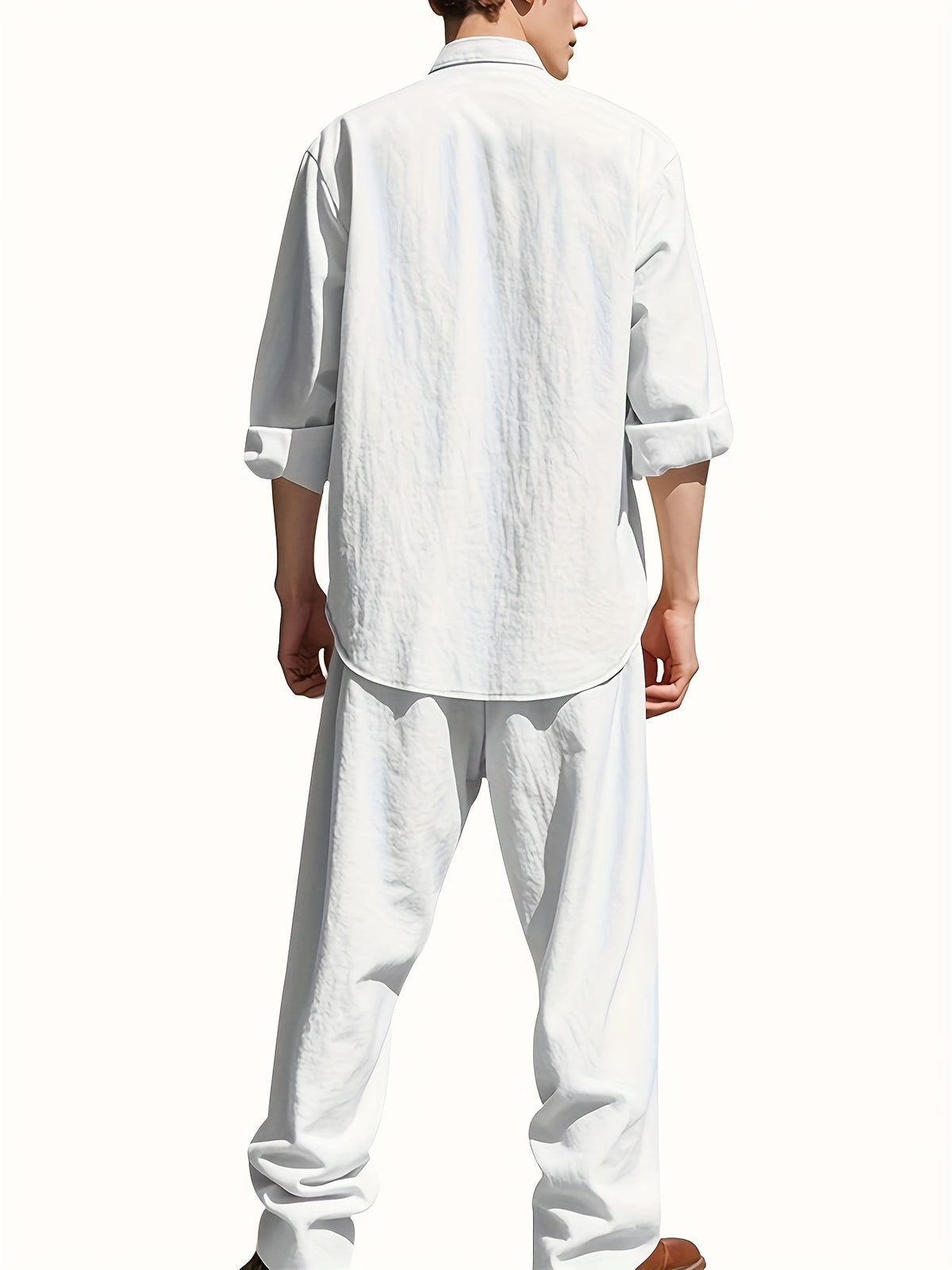 Men's Roll-Sleeve Band Collar Shirt and Wide-Leg Trousers Set