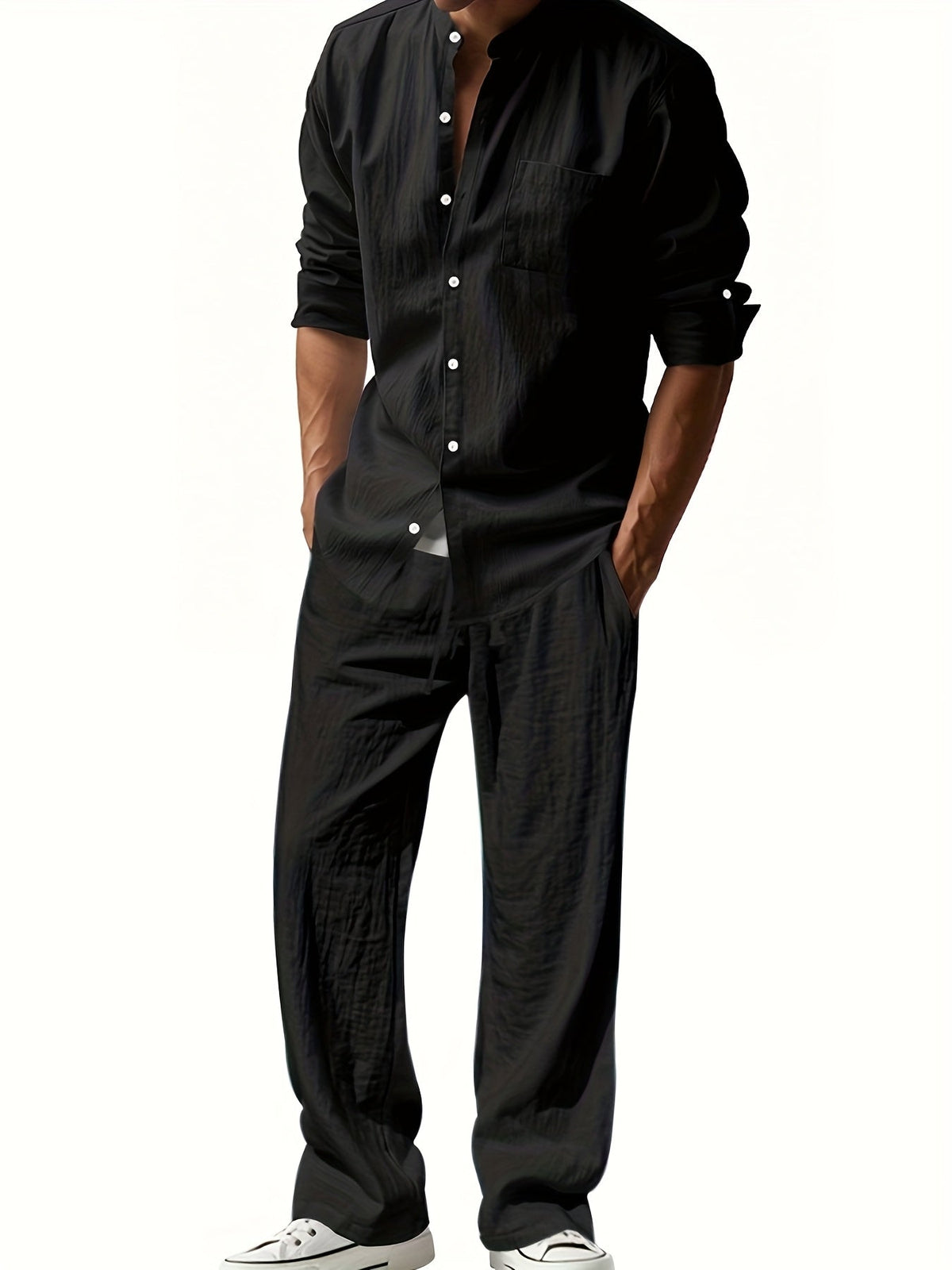 Men's Roll-Sleeve Band Collar Shirt and Wide-Leg Trousers Set – Black