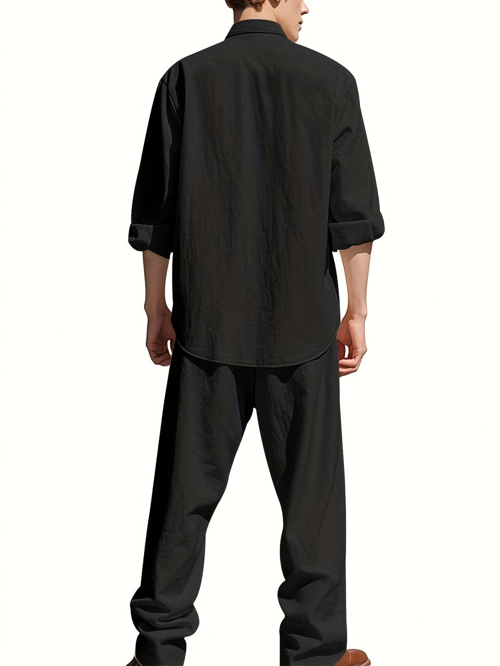 Men's Roll-Sleeve Band Collar Shirt and Wide-Leg Trousers Set