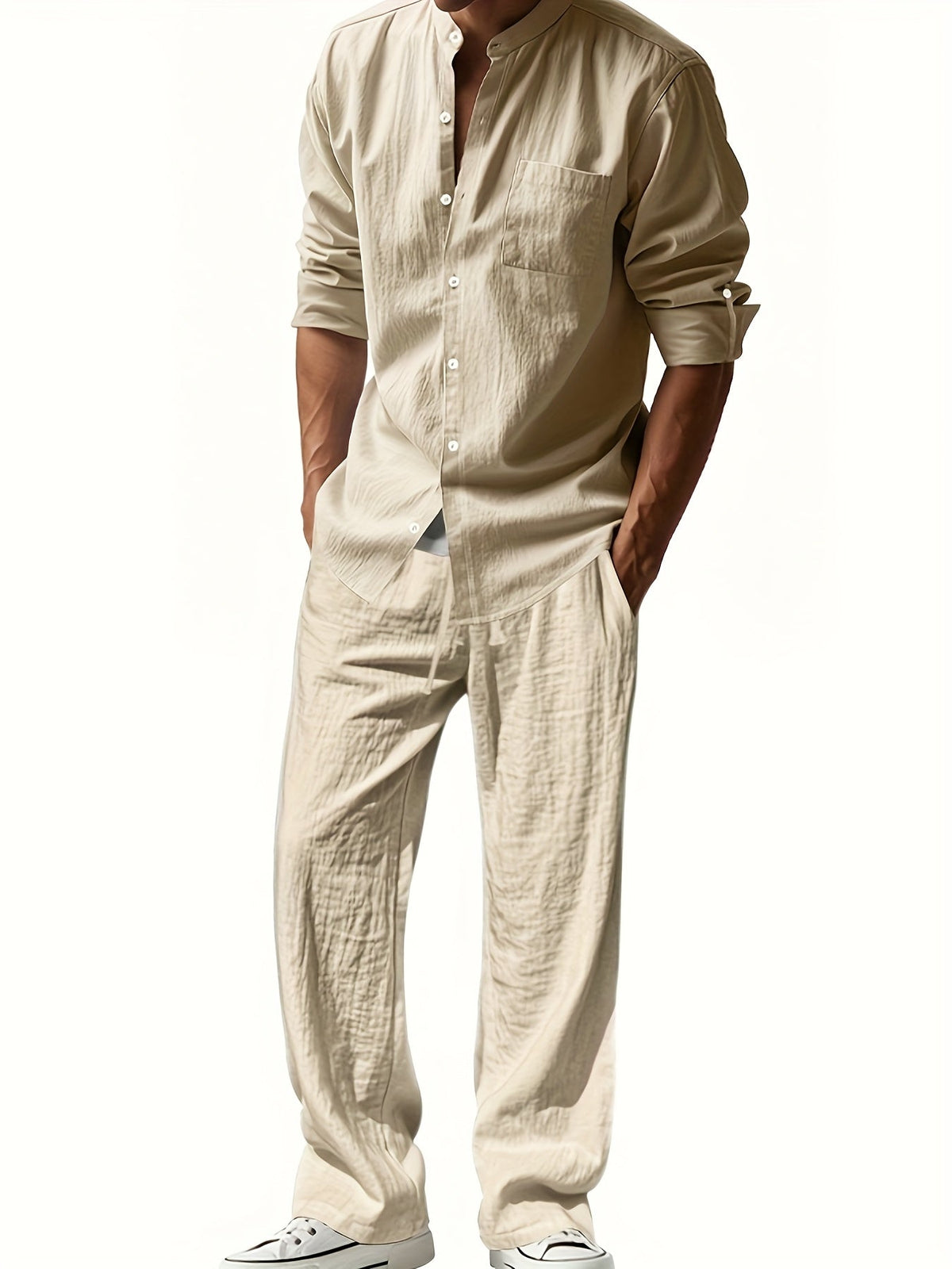Men's Roll-Sleeve Band Collar Shirt and Wide-Leg Trousers Set – Khaki