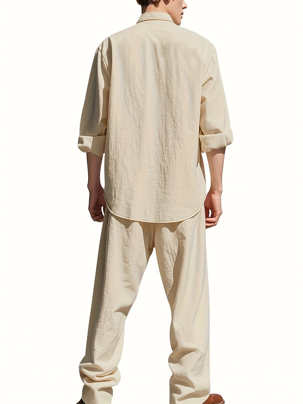 Men's Roll-Sleeve Band Collar Shirt and Wide-Leg Trousers Set